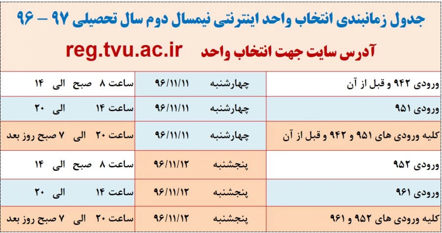 اطلاعیه انتخاب واحد نیمسال دوم سال 96