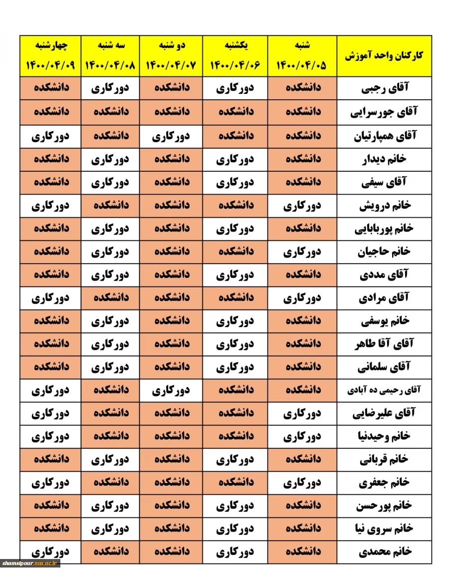 برنامه دور کاری همکاران  9-5 تیر