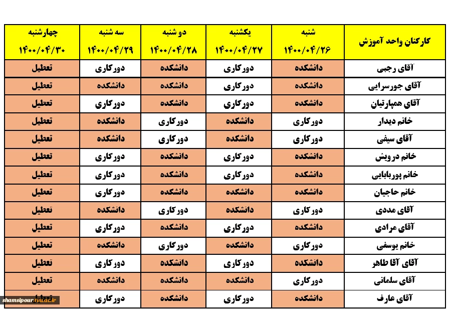 برنامه دورکاری و حضور همکاران معاونت آموزشی از تاریخ 26 تا 30 تیرماه 2