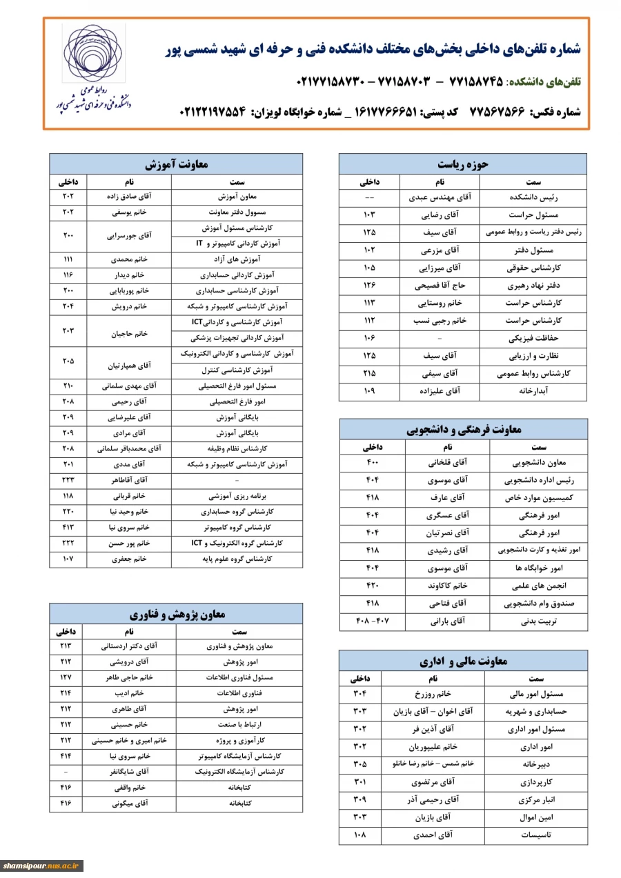 لیست شماره تلفن داخلی