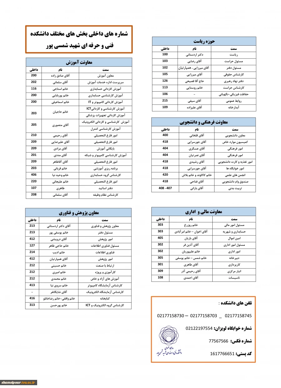 لیست تلفن های دانشکده