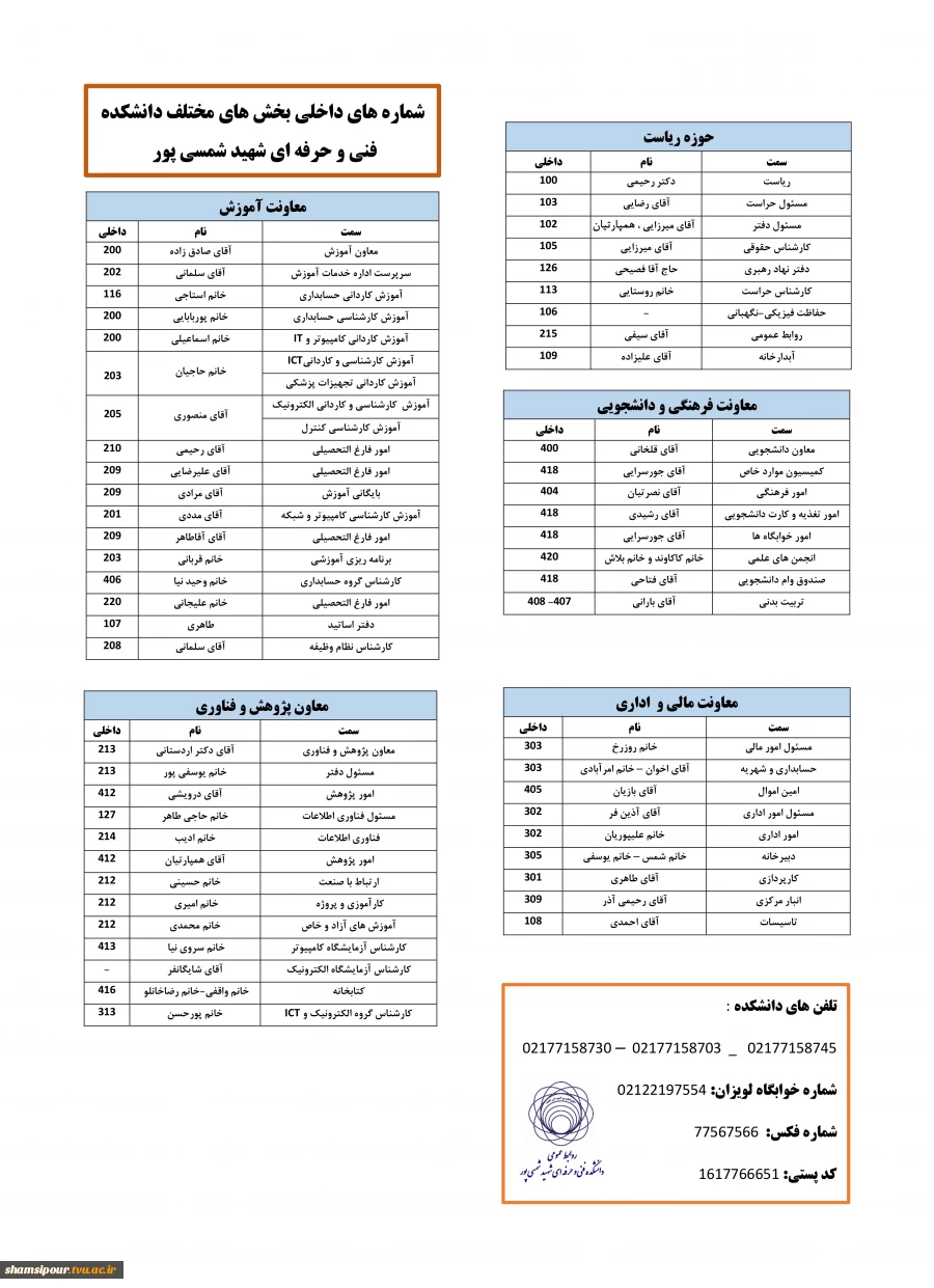 لیست تلفن های دانشکده