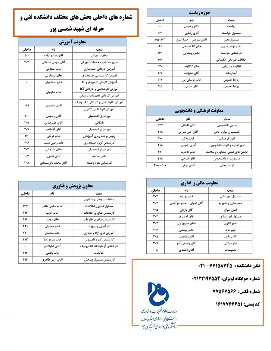 لیست جدید تلفن داخلی