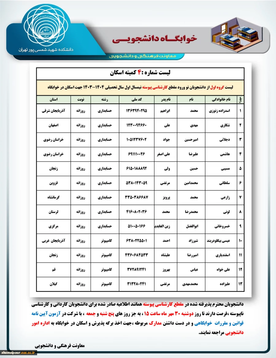 لیست گروه اول از دانشجویان نو ورود مقطع کارشناسی پیوسته نیمسال اول سال تحصیلی 1403-1404 جهت اسکان در خوابگاه 2